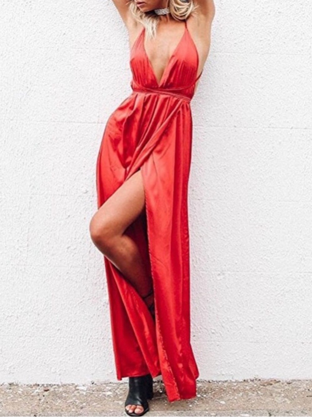Red Maxi Dress with Open Back - Picture 2 of 6